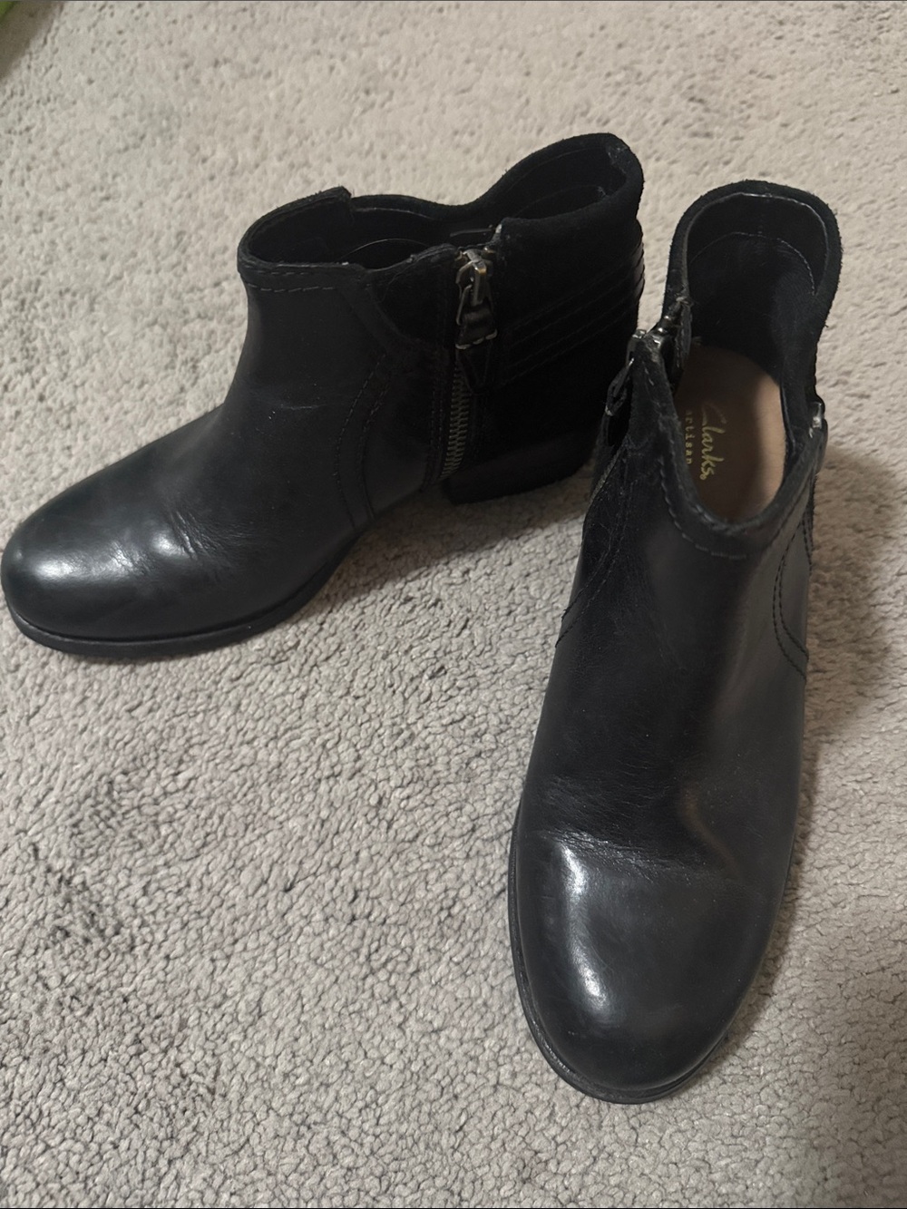 Clarks Black Leather Low Block Heel Ankle Booties